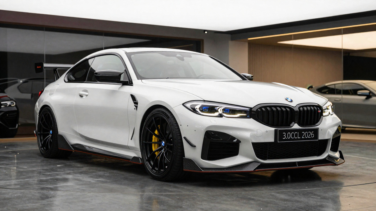 Carro BMW esporte branco estacionado em garagem moderna com rodas pretas e freios amarelos.