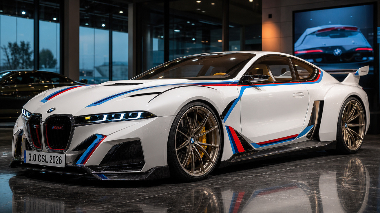 Carro esportivo branco BMW com detalhes em azul e vermelho estacionado em showroom moderno.