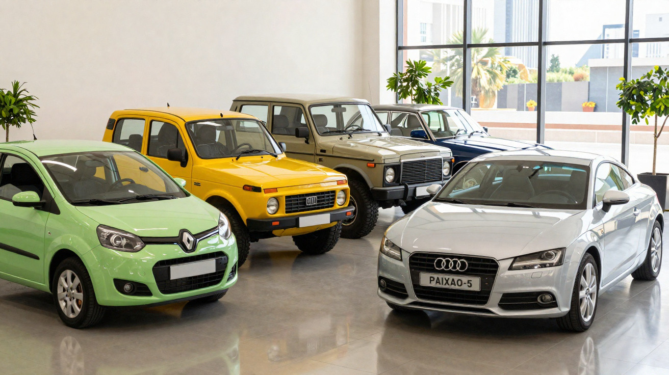 Cinco carros de diferentes modelos e cores estacionados em showroom com janelas grandes ao fundo.