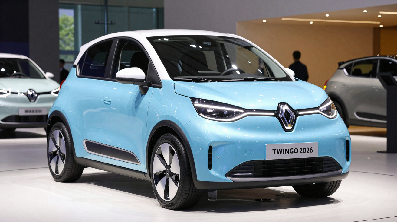Carro compacto Renault Twingo 2026 azul claro com teto branco exibido em evento automotivo.