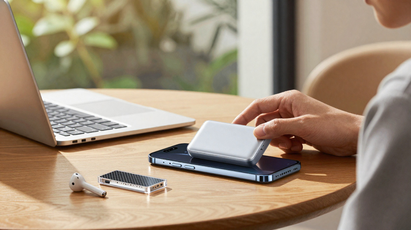 Pessoa segurando power bank branco carregando smartphone azul, mesa com notebook, fone e controle remoto.