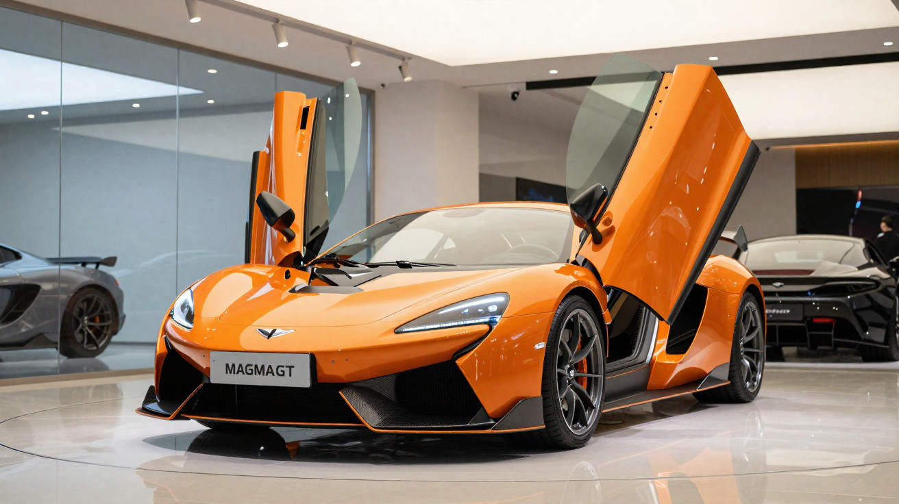 Carro esportivo laranja com portas abertas estilo asa de gaivota em showroom moderno.