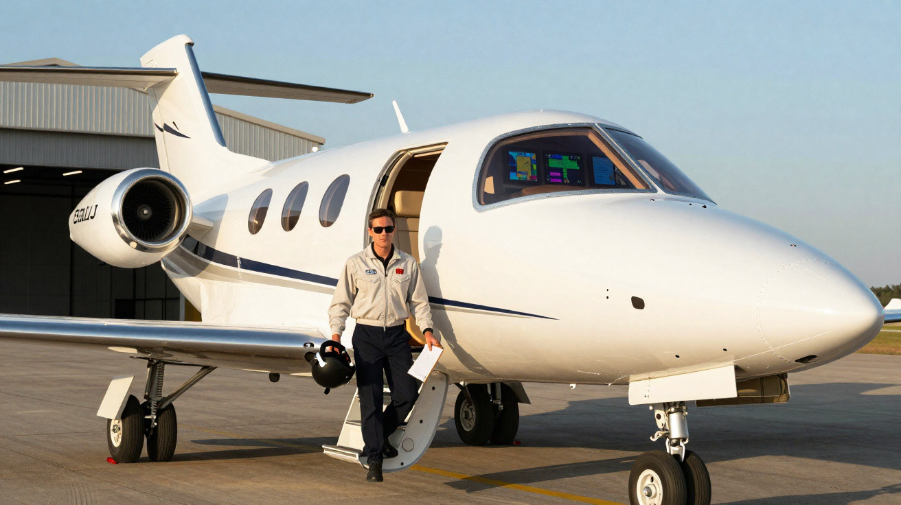 Piloto sai de jato particular branco estacionado em pista de aeroporto ao amanhecer.