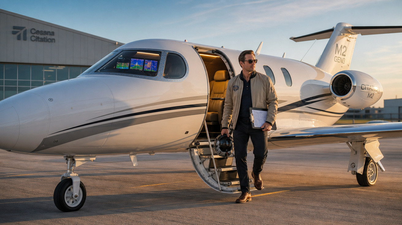 Homem saindo de jato particular Cessna Citation M2 com capacete e pasta na mão no aeroporto ao pôr do sol.
