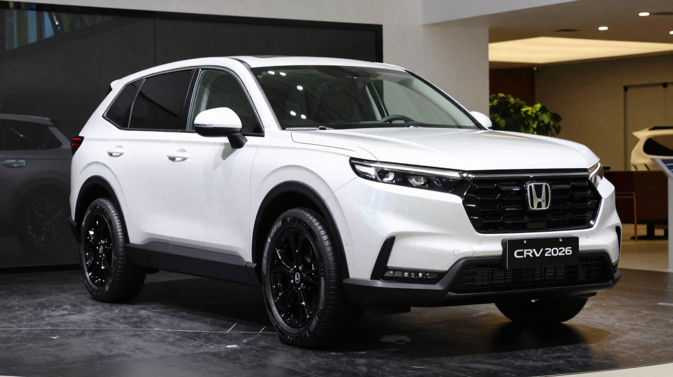 SUV branco Honda CR-V 2026 em exposição, vista frontal lateral direita com rodas pretas e faróis acesos.