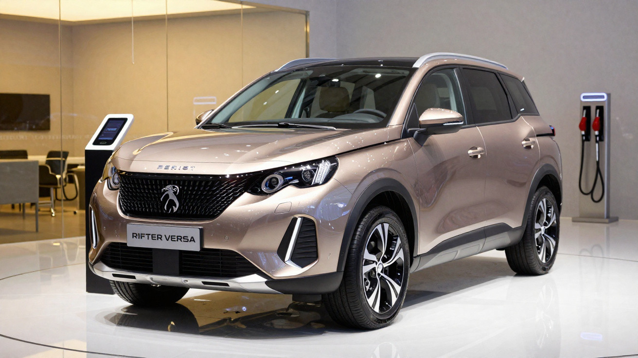 SUV Peugeot Rifter Versa na cor prata em exposição interna com carregador ao fundo.
