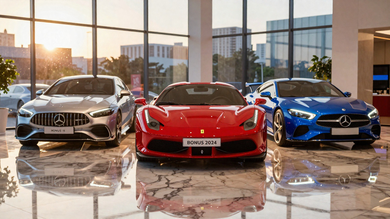 Três carros esportivos: prata Mercedes à esquerda, vermelho Ferrari ao centro e azul Mercedes à direita em showroom.