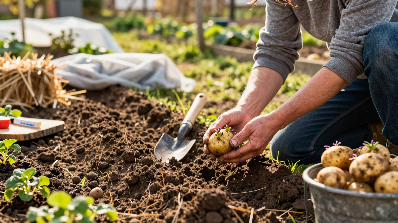 Pessoa plantando batata com brotos em solo de horta ao ar livre em dia ensolarado.