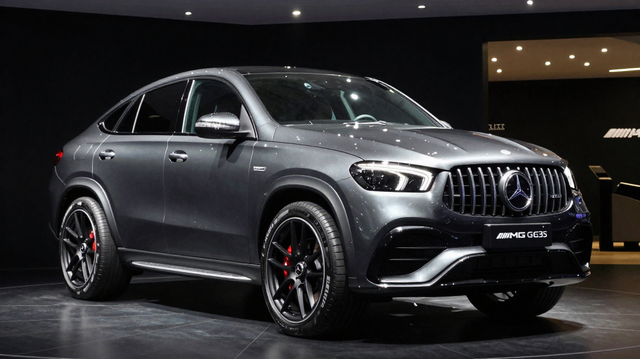 Mercedes-Benz AMG G63 cinza metálico exibido em ambiente interno com rodas esportivas pretas e detalhes vermelhos.
