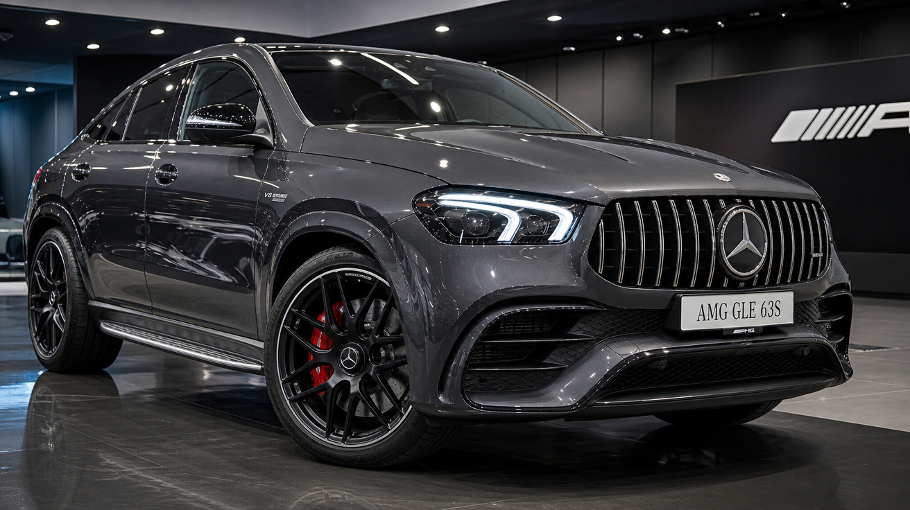 Mercedes-Benz AMG GLE 63S cinza escuro em showroom com rodas pretas e detalhes em vermelho.