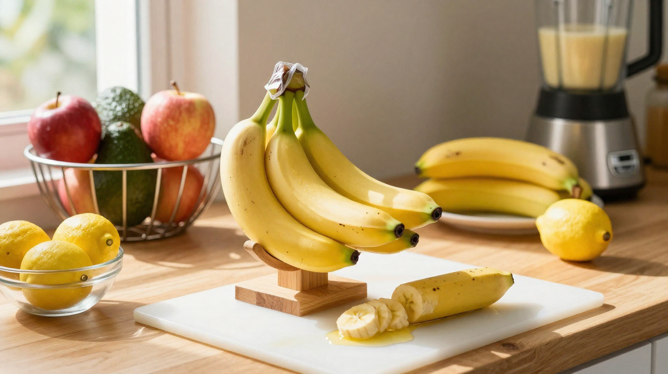 Cacho de bananas pendurado, frutas variadas em fruteiras e liquidificador com vitamina na bancada da cozinha.