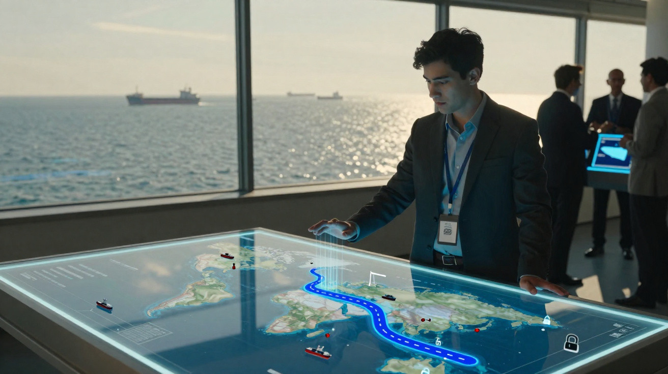 Homem interagindo com tabela holográfica de mapa com navios enquanto outros conversam ao fundo, vista para o mar.