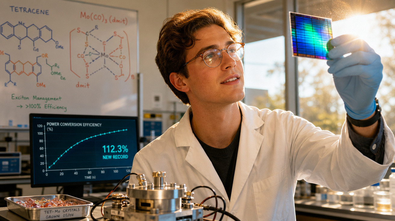 Homem de jaleco branco analisa célula solar colorida em laboratório de pesquisa científica.