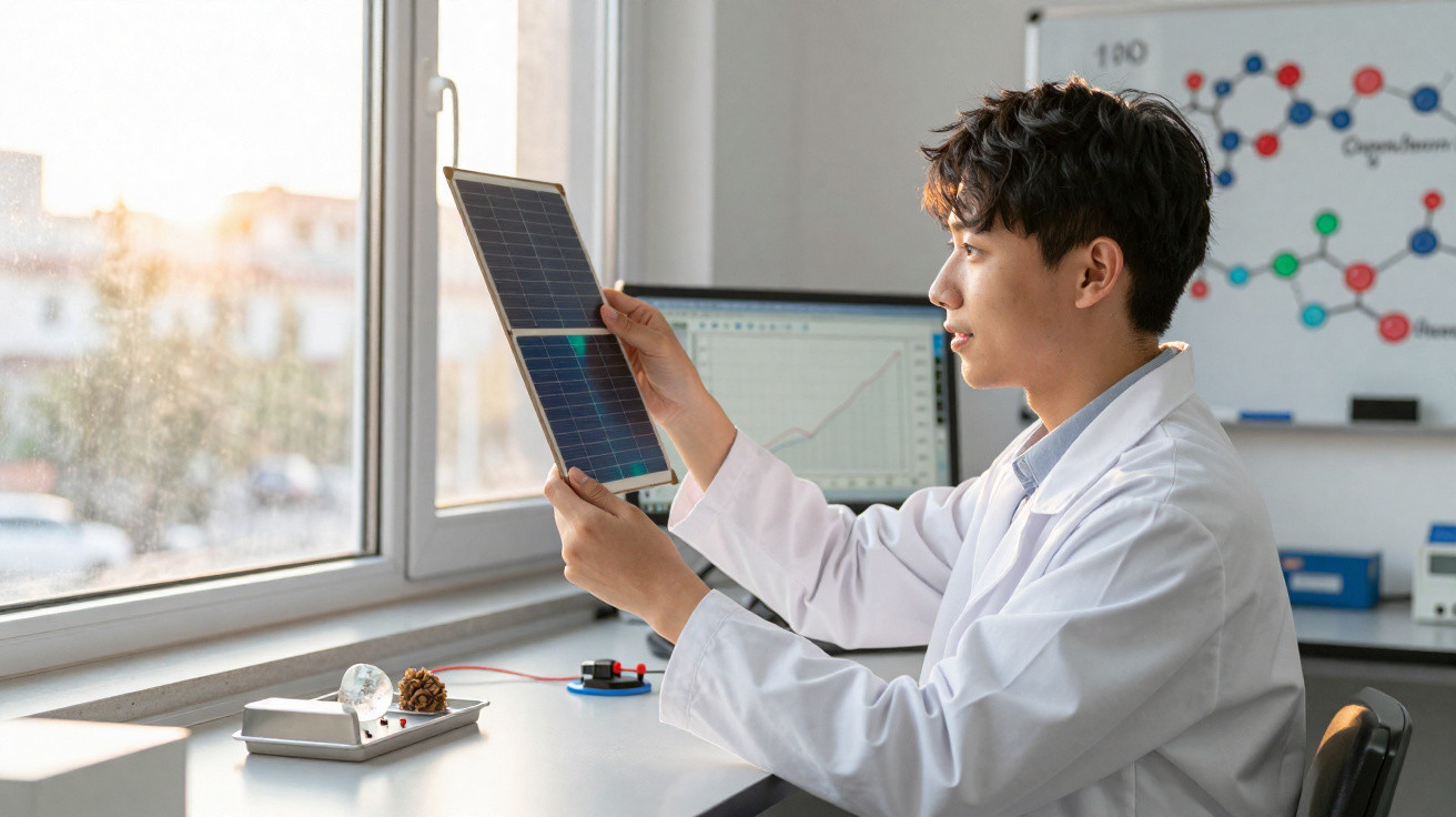 Cientista em laboratório analisando painel solar com gráficos e modelo molecular ao fundo.