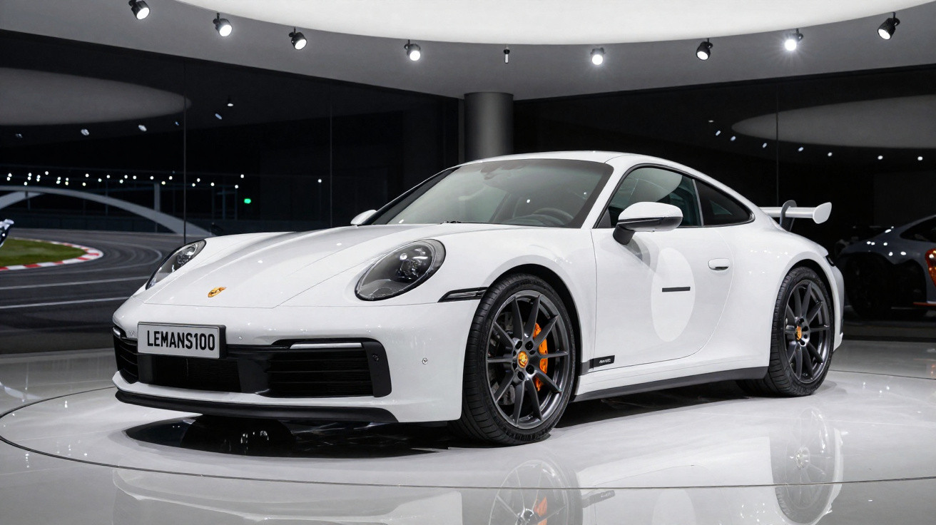 Carro esportivo Porsche branco exibido em plataforma giratória em ambiente fechado com iluminação intensa.