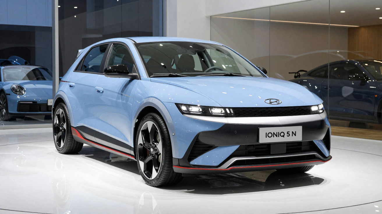 Carro elétrico Hyundai Ioniq 5 N azul claro exibido em estande com iluminação interna.