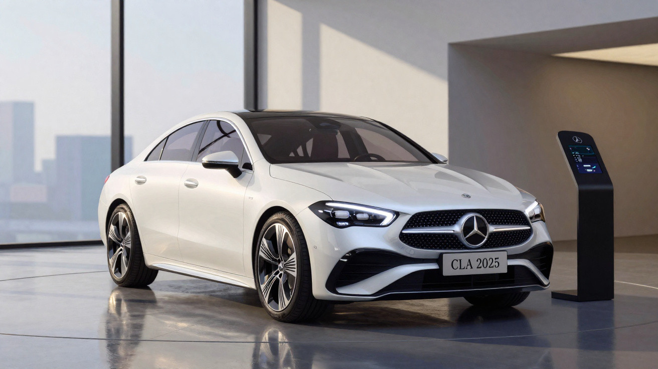 Carro sedan branco Mercedes-Benz CLA 2025 exibido em ambiente interno moderno com pedestal digital ao lado.