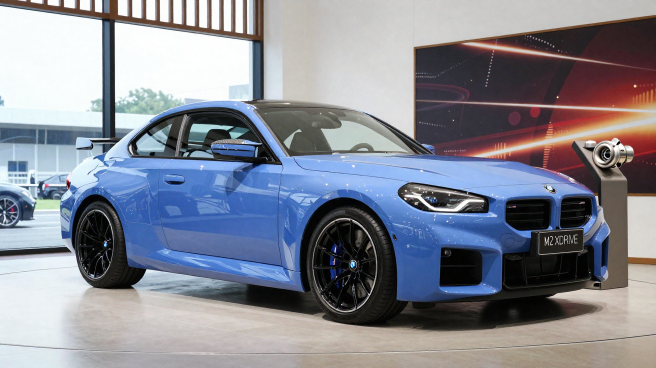 Carro BMW azul modelo M2 XDrive exibido em showroom moderno e iluminado.