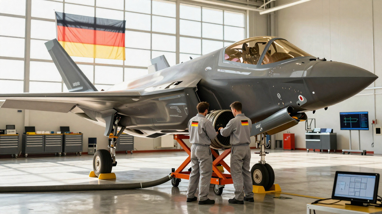 Dois técnicos inspecionam avião militar cinza em hangar com bandeira da Alemanha ao fundo.