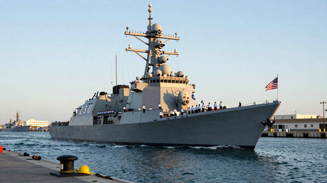 Navio de guerra cinza com tripulação alinhada no convés, navegando próximo a um cais sob céu claro.