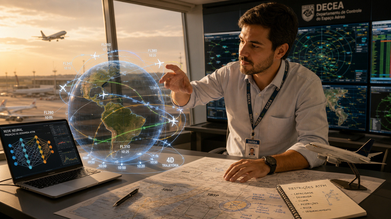 Homem analisa dados de rotas aéreas em escritório do Departamento de Controle do Espaço Aéreo, com telas e mapas.