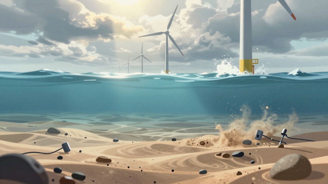 Parque eólico offshore com turbinas gerando energia e fundo do mar com areia e equipamentos submersos.