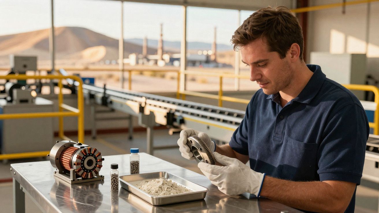 Homem com luvas examina peça metálica em bancada de laboratório com equipamentos industriais ao fundo.