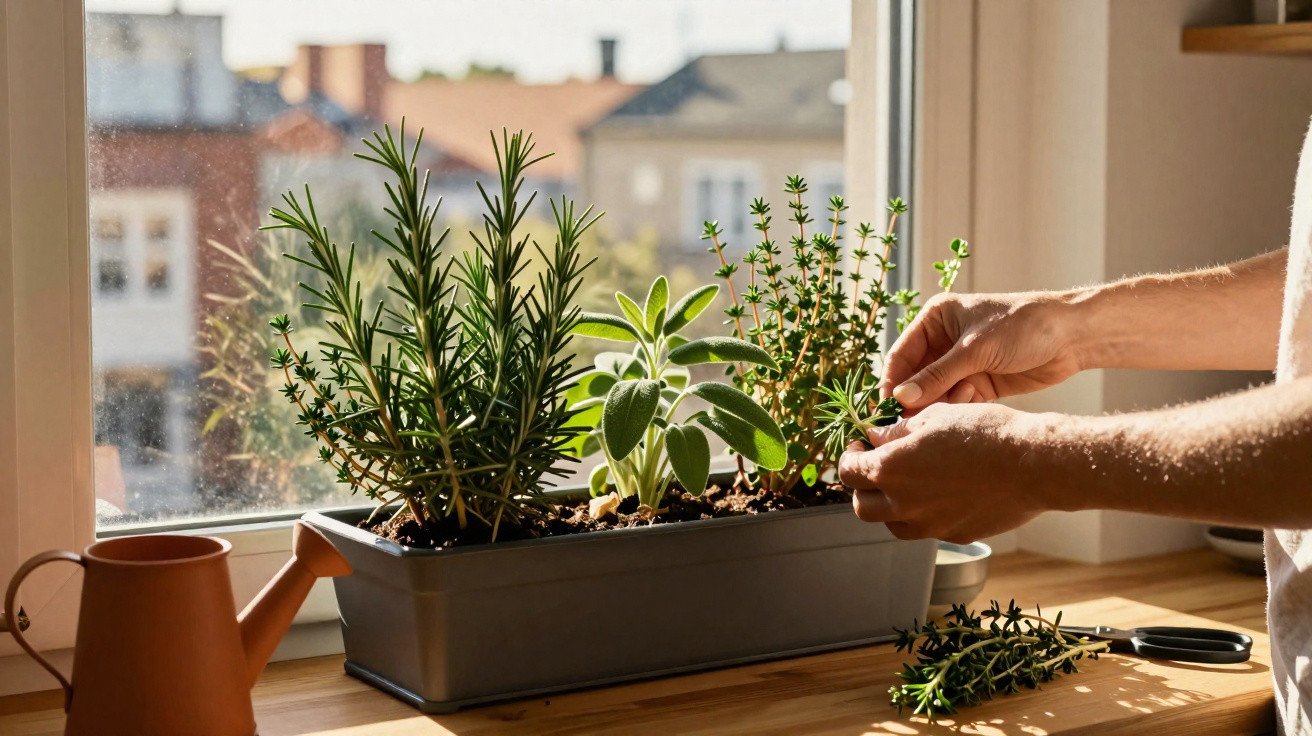 Mãos cuidando de plantas medicinais em vaso na janela com regador ao lado em ambiente iluminado pelo sol.