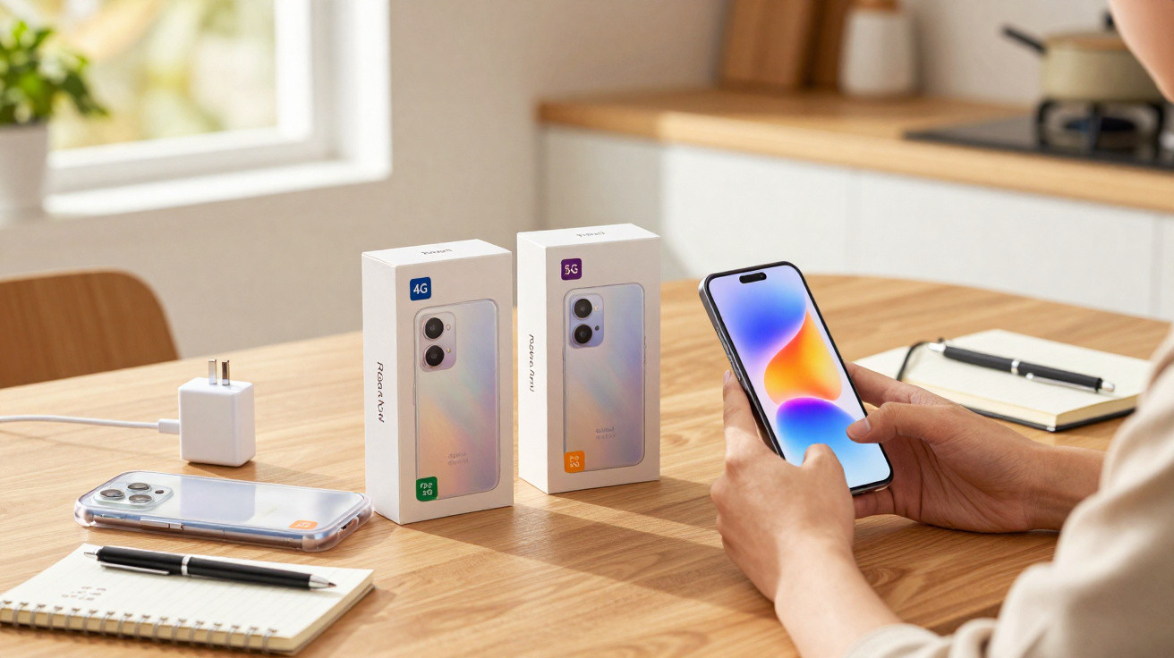 Pessoa segurando smartphone Xiaomi 13 Lite com duas caixas do aparelho e acessórios sobre mesa de madeira.