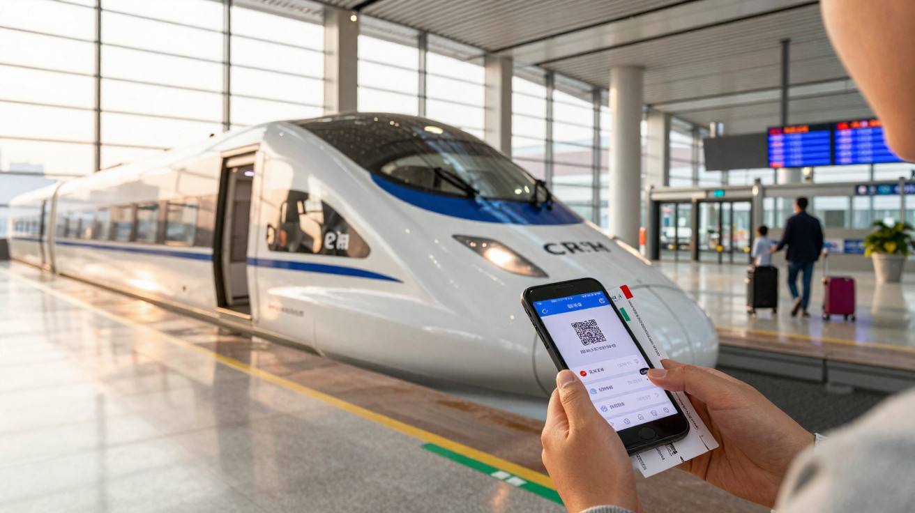 Pessoa segurando celular com bilhete digital em frente a trem-bala moderno na estação.