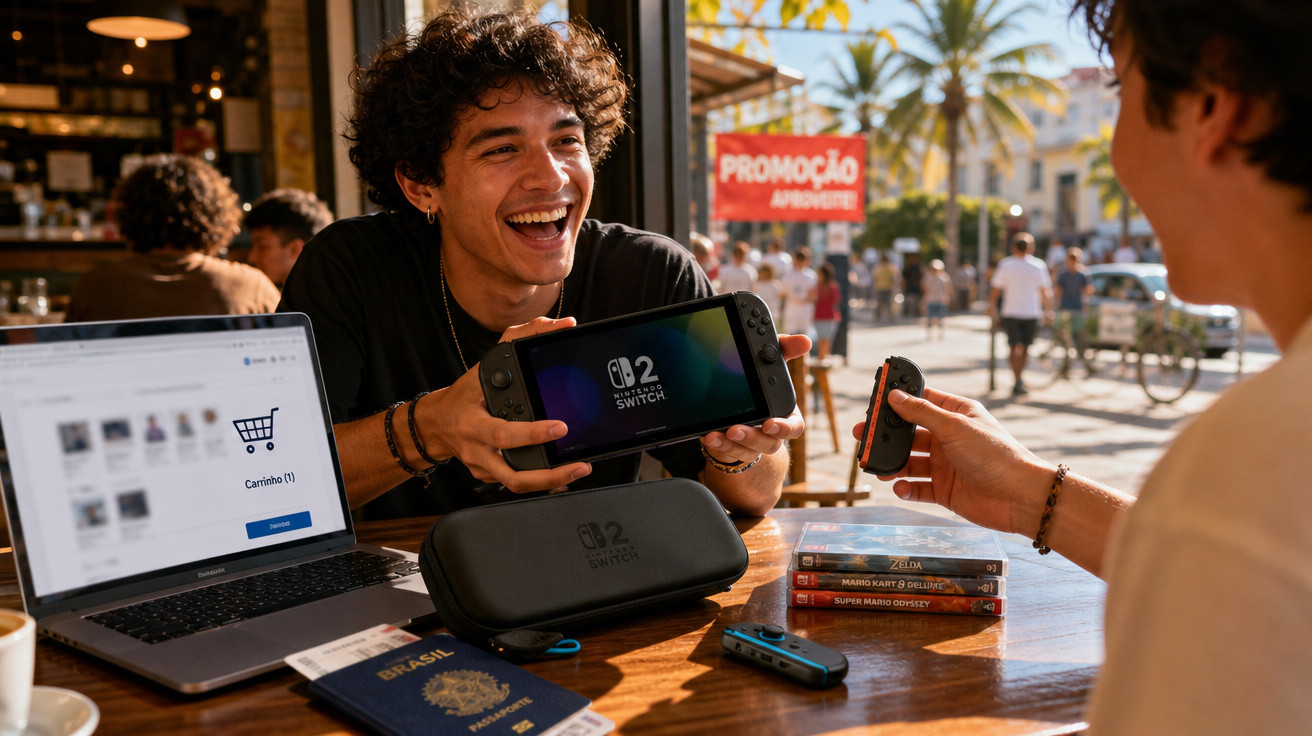 Dois jovens sorrindo trocando peças de Nintendo Switch em mesa com laptop, jogos e passaporte Brasil.