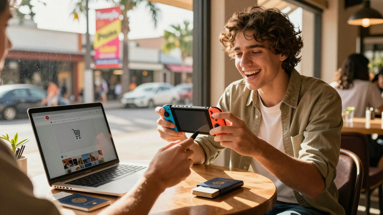Jovem sorridente segurando console de videogame enquanto conversa com outra pessoa em cafeteria.