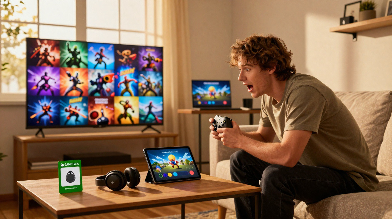 Homem jogando videogame com controle, com TV e tablet exibindo o jogo em sala iluminada.