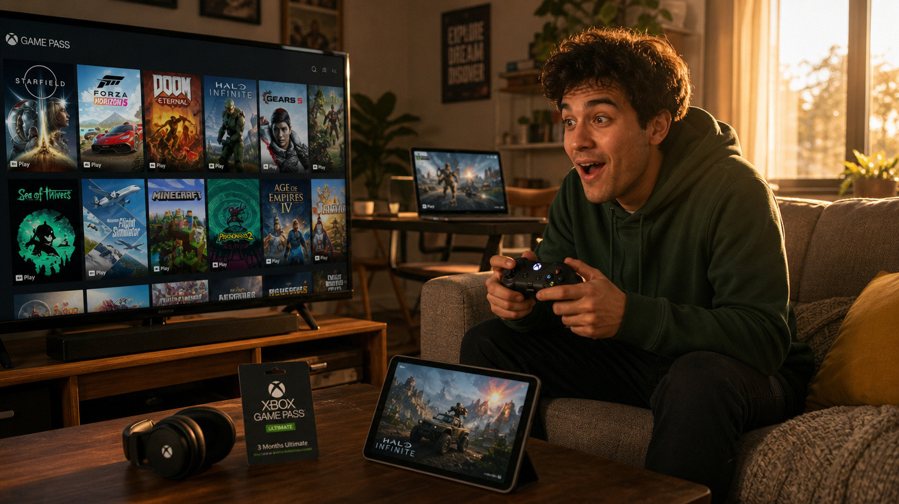 Jovem empolgado jogando videogame Xbox na sala com vários jogos na TV e acessórios na mesa.