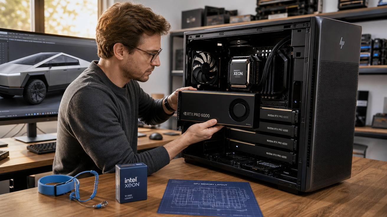 Homem instalando placa de vídeo Nvidia RTX Pro 6000 em computador desktop aberto em mesa.