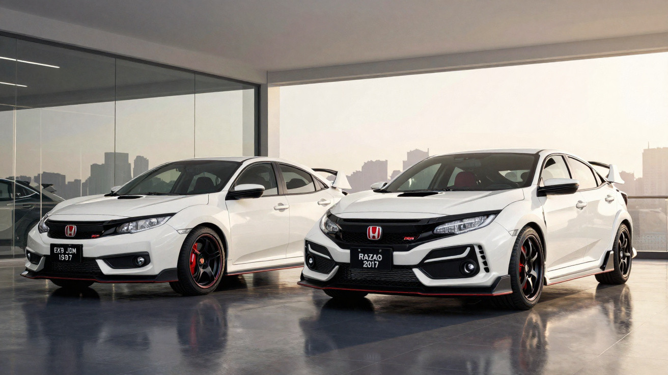 Dois carros Honda Civic Type R brancos estacionados lado a lado em um showroom moderno com piso brilhante.
