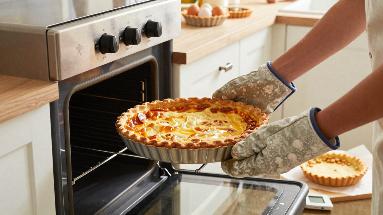 Pessoa usando luvas térmicas retirando torta assada do forno em cozinha clara e organizada.