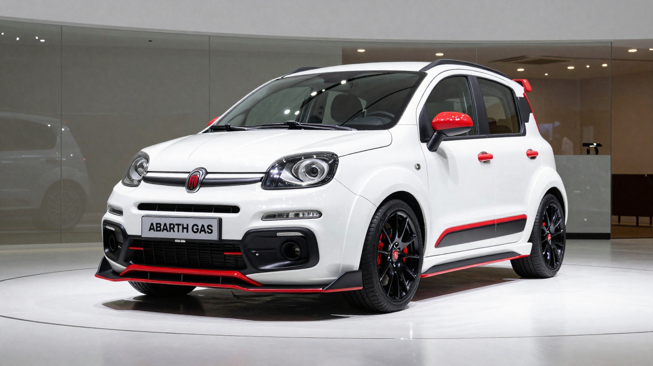 Carro branco Fiat Abarth Gas com detalhes em vermelho exposto em salão de automóveis.