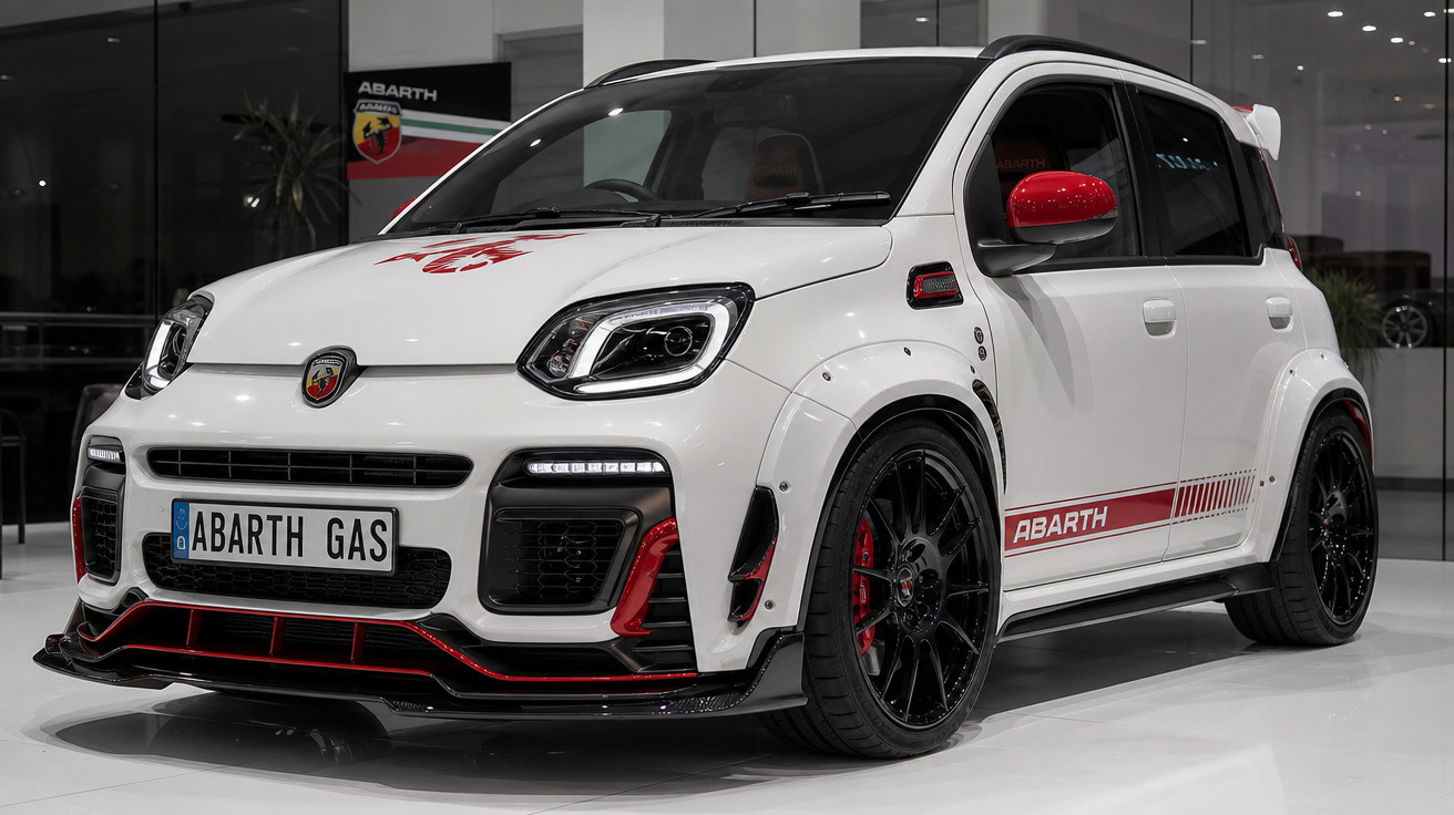 Carro esportivo compacto branco Abarth com detalhes em vermelho, rodas pretas e pacote aerodinâmico em showroom.