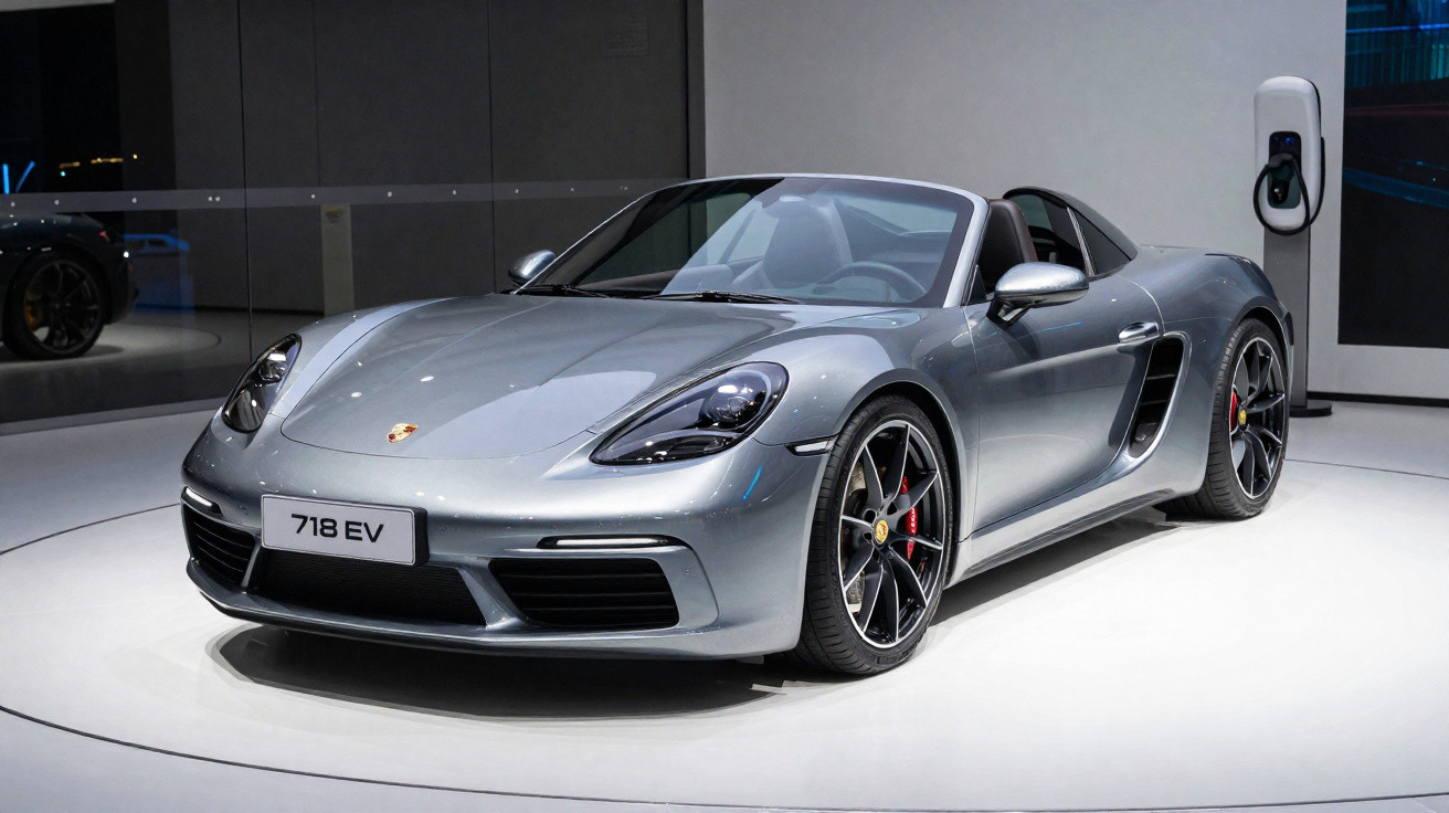 Carro esportivo Porsche 718 EV prata estacionado em espaço interno com carregador elétrico.