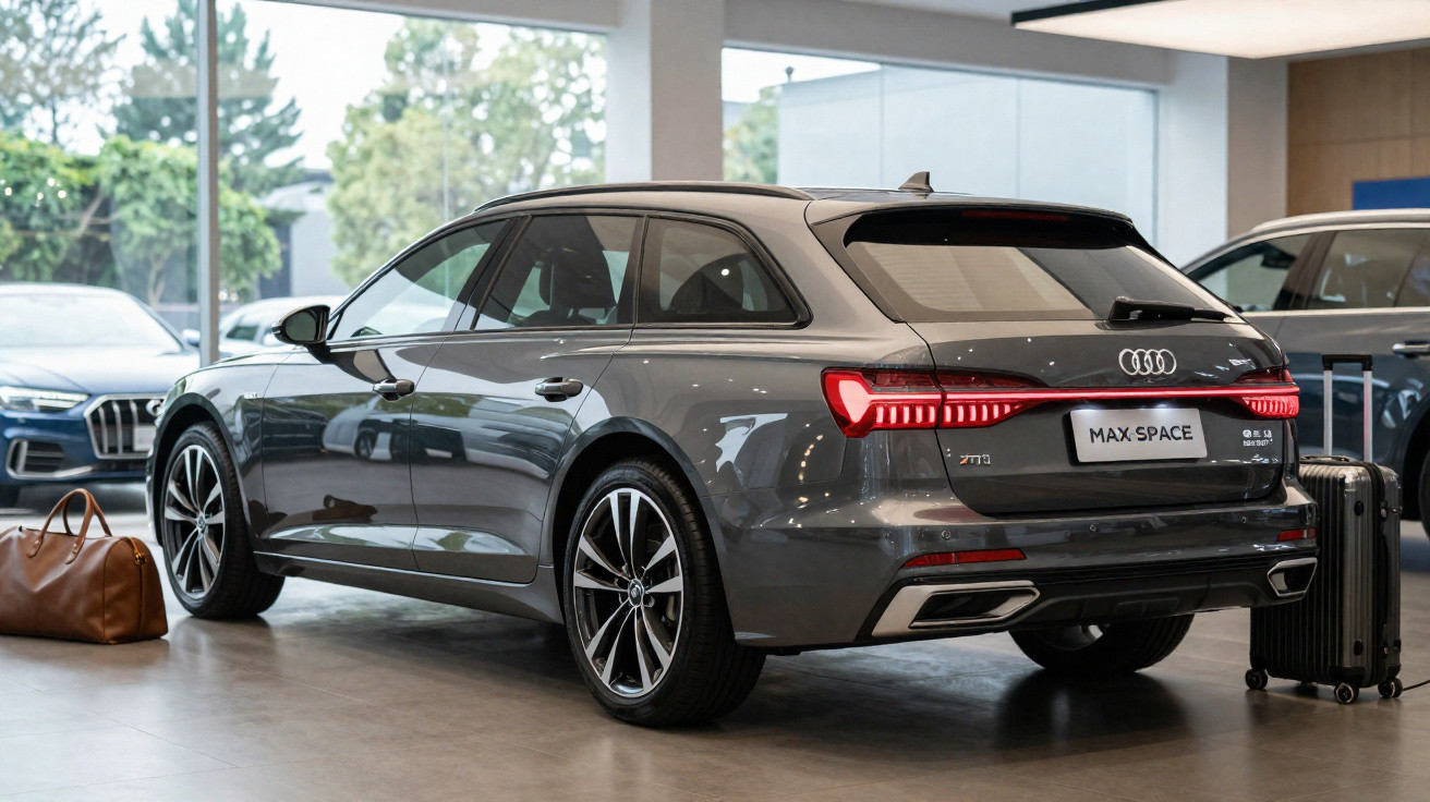 Audi cinza estacionado em showroom com mala de mão preta ao lado e bolsa marrom no chão.