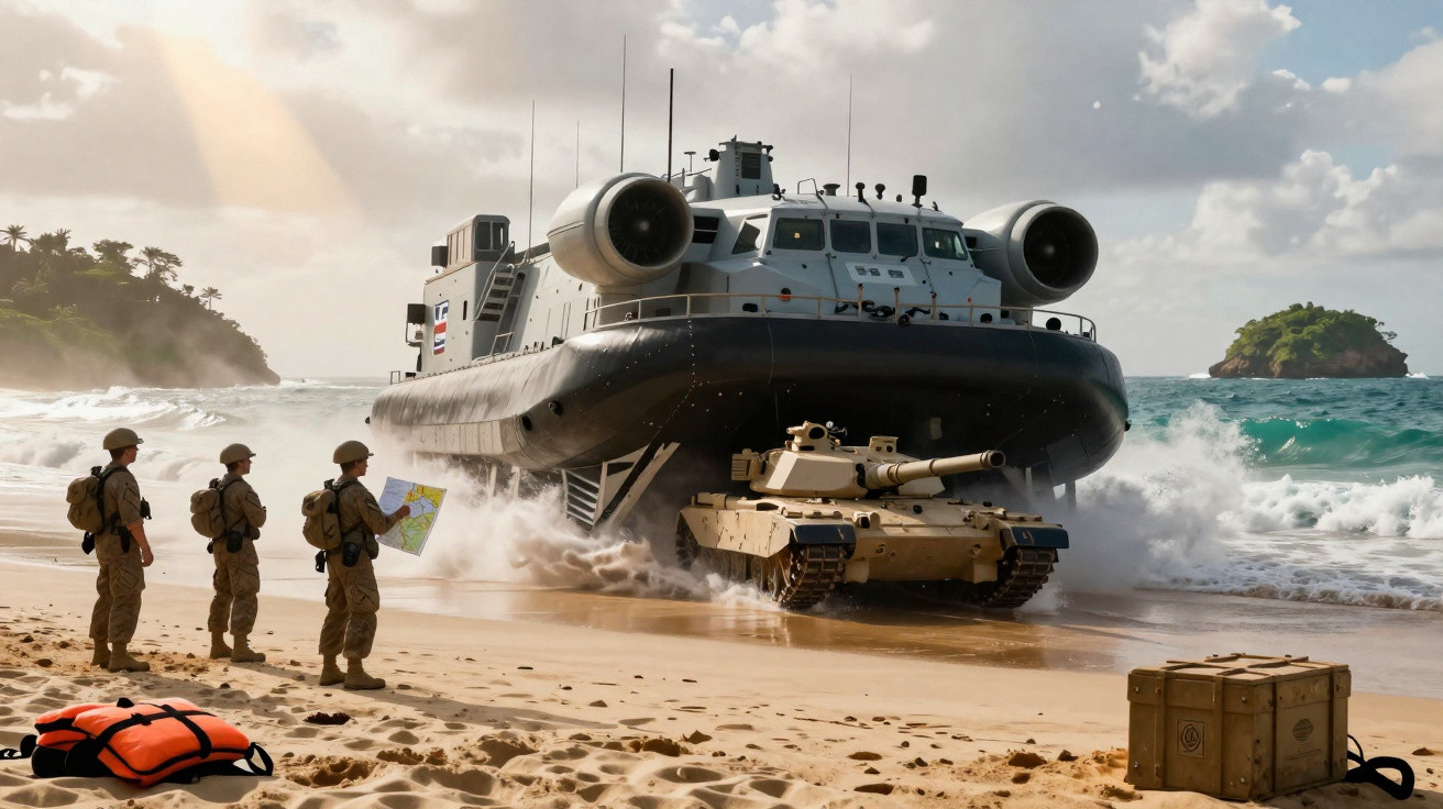 Veículo militar anfíbio descarregando tanque na praia com soldados observando e equipamento ao redor.
