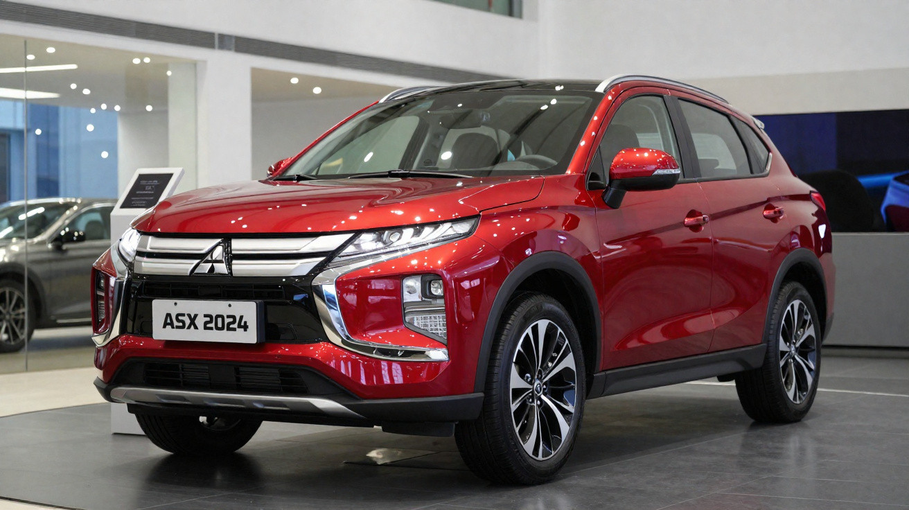 Carro vermelho Mitsubishi ASX 2024 exposto em showroom moderno com rodas de liga leve.