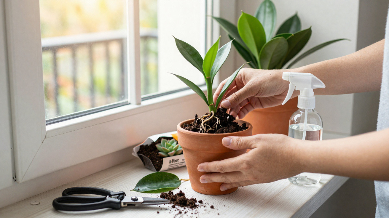 Mãos cuidando de planta em vaso de barro perto da janela com tesoura e borrifador ao lado.