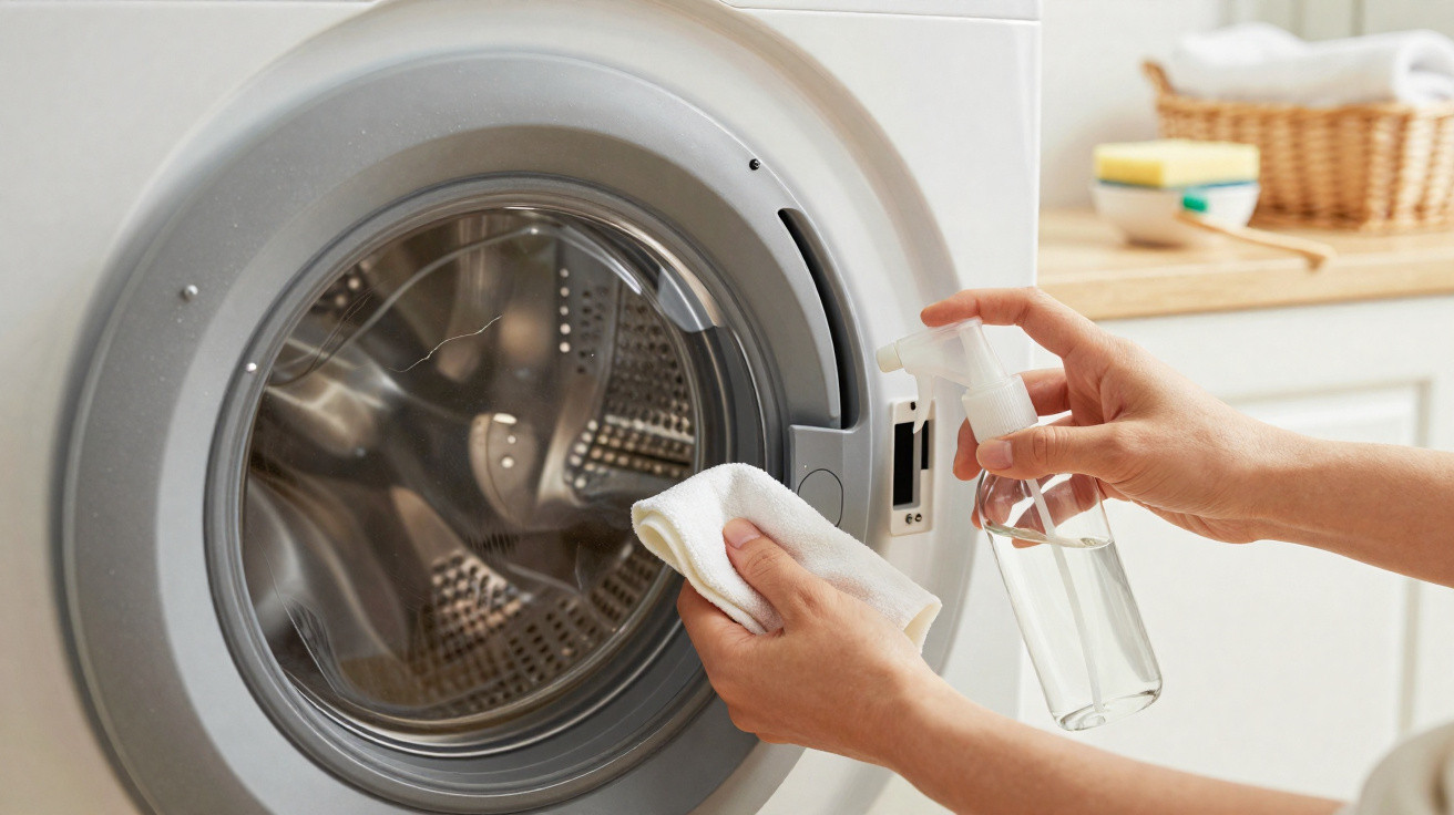 Mãos limpando a porta da máquina de lavar roupas com pano branco e borrifador transparente.