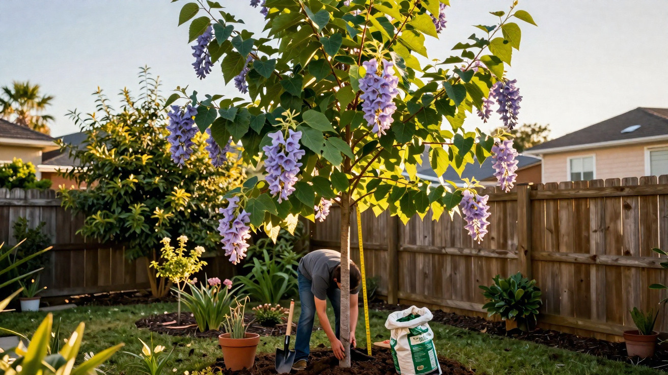 Pessoa cuidando de árvore com flores roxas em jardim cercado por cerca de madeira ao entardecer.