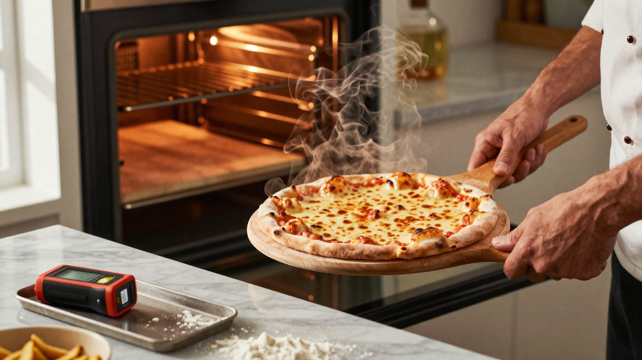 Pessoa tirando pizza de queijo fumegante do forno com espátula de madeira em cozinha moderna.