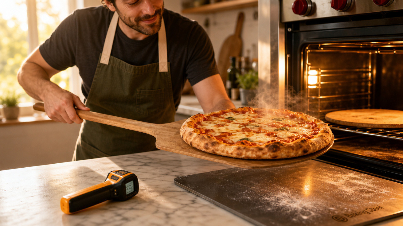 Homem retirando pizza quente e fumegante do forno com uma pá de madeira em cozinha.