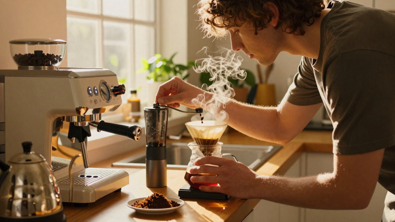 Jovem preparando café coado em casa, adicionando grãos em filtro com vapor saindo da bebida.