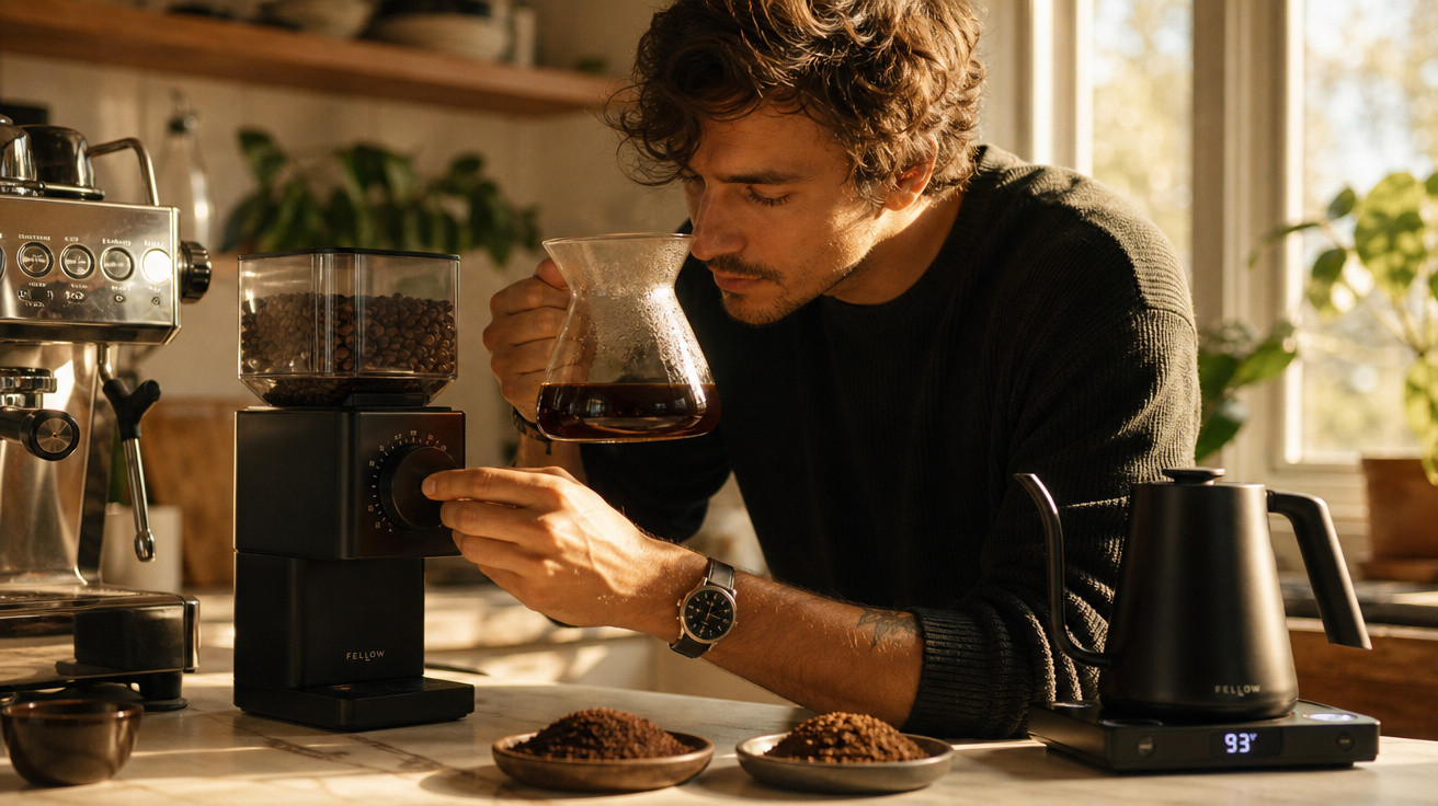 Homem ajusta moedor de café enquanto segura jarra com café coado em cozinha iluminada pelo sol.